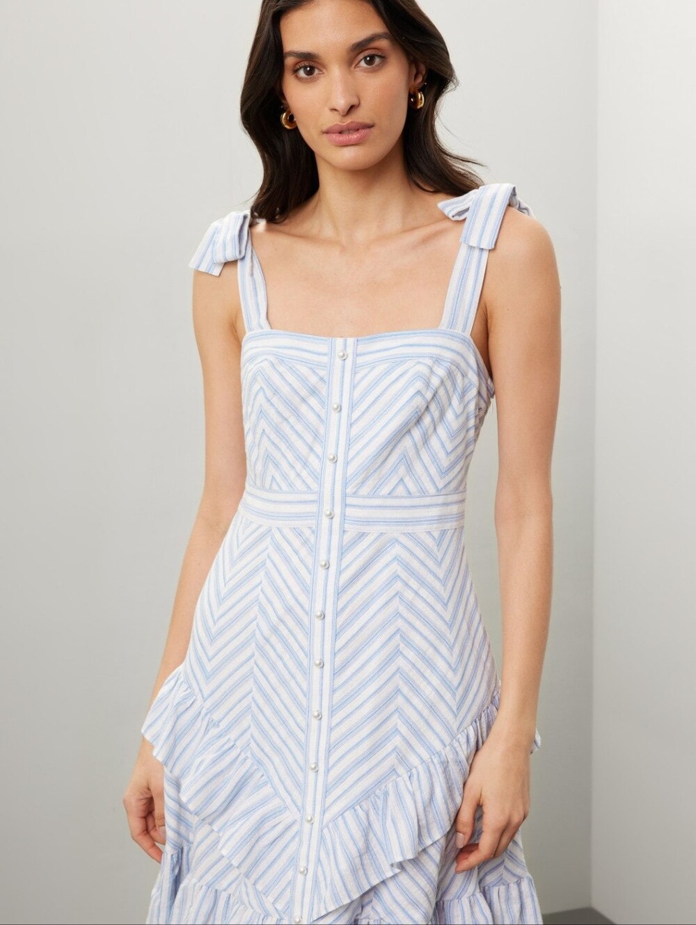Prabal Gurung Light Blue and White Striped Midi Dress with Tie Straps